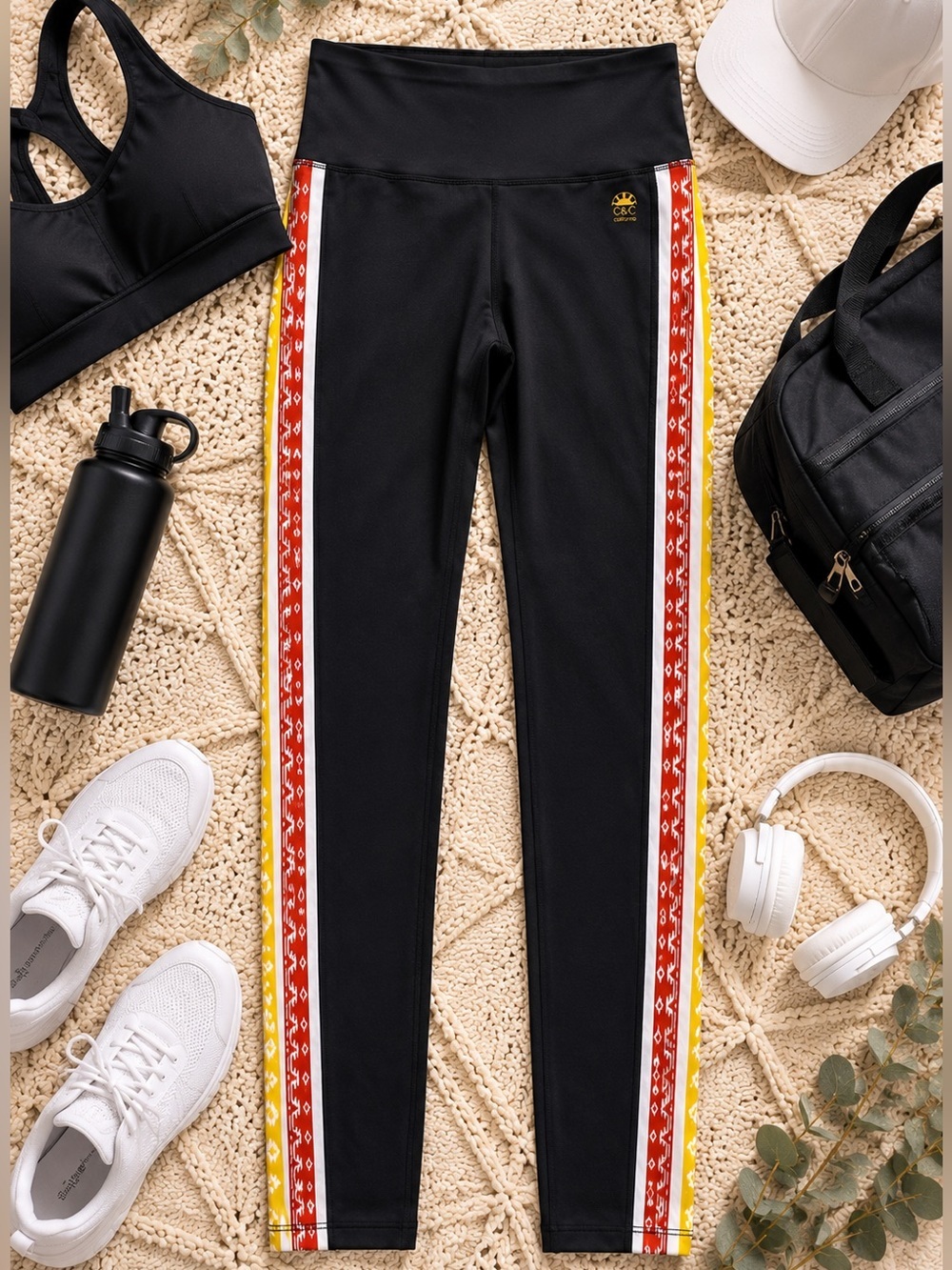 C&C California Black Printed Side Stripe Leggings Athleisure NWT Activewear